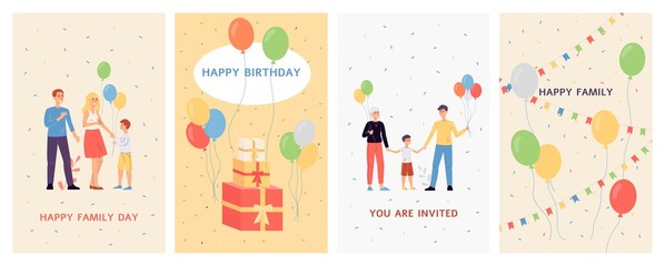Set of cards or banners for family celebrations, flat vector illustration.