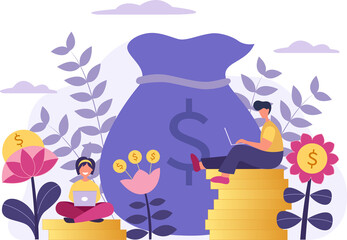 Vector creative illustration of, cash profits, career growth to success, flat color icons, a big bag of money, male and female characters working on a laptop.