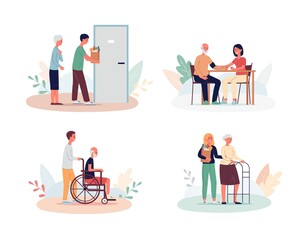 Old people care and support topic set flat vector illustration isolated.