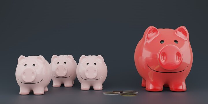 group of piggy banks with money, concept image saving money