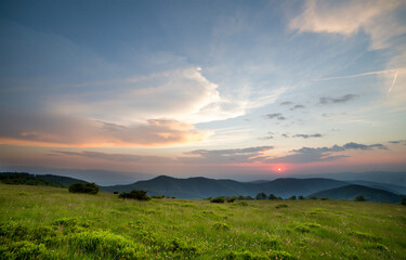 Sunset over green field