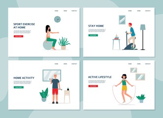Stay home and exercise - website banner set with people in quarantine