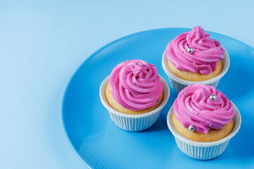 Cupcakes with pink cream on a blue plate on a blue background. Homemade baking. Birthday baking. Holiday pastries. Sweet dessert. Confectionery.