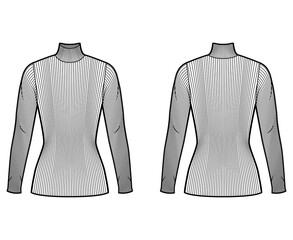 Turtleneck ribbed-knit sweater technical fashion illustration with long sleeves, close-fitting shape, tunic length. Flat sweater apparel template front, back white color. Women, men, unisex shirt top