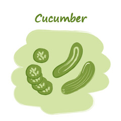 Sliced vegetables with titles, cute drawings, set of cutted cucumber. Vector