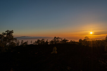 Puesta de sol con árboles y montañas
