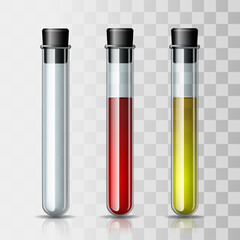 Set of transparent glass chemical laboratory test tubes empty and with red and yellow liquid.