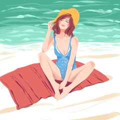 Girl on the beach. Vacation. Fashion illustration - 368322664