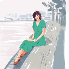 Woman in the city. Fashion illustration. Girl Sitting River Bank - 368322680