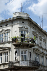 Fototapeta na wymiar Beautiful architecture facade in the old town center. Lviv, Ukraine