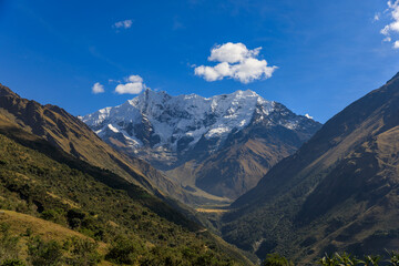 Fototapeta premium View from Salkantay trek over snowy high peak mountain near Cusco, Peru