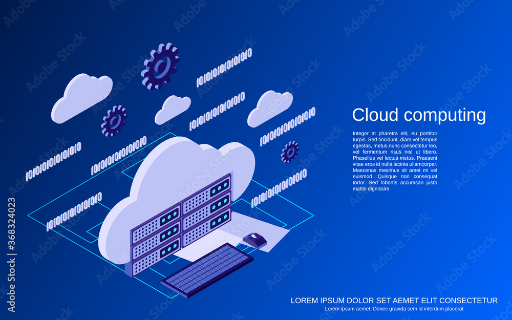 Poster cloud computing, network, data processing flat isometric vector concept illustration