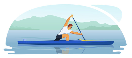 Sports male athlete participate in canoeing race sprint. Man kneel and paddles. Canoe training in the middle of a picturesque river. Vector flat design character illustration. © Alisa