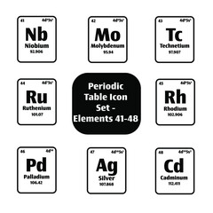 Periodic Table of Elements Icon button set in black and white Elements atomic number 41-48 for science concepts and experiments.	