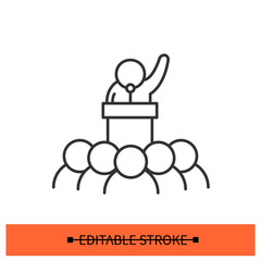 Public speaker icon. Politician, speaking at public gathering linear pictogram. Concept of civil rights movement, political activism and election primaries debate. Editable stroke vector illustration