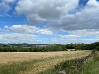 Heavy cloud, over a wheat field, with dry stone walls, trees and houses on the horizon in, Mirfield, Yorkshire, UK