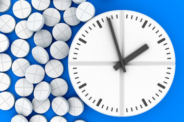 Clock pills. Pill tablet clock. Pill time. 3D. 3D rendering