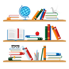 Shelves with colorful books, globe, glasses, apple, pencils and apple. Home library with literature. Vector bookshelf illustration isolated on white background.  © Yuliia