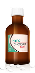 HYPOCHONDRIA pills for hypochondriacs. Brown medicine glass bottle, concerning medical abuse, obsession, addiction and dependence. Isolated vector on white.
