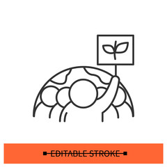 Ecology protest icon. People with plant banner picketing with earth globe linear pictogram. Concept of environmental social movement and ecology public concern. Editable stroke vector illustration