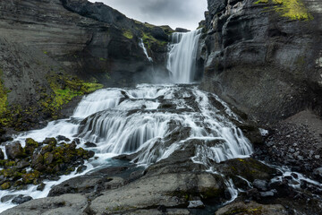 The Ófærufoss waterfall in the Eldgjá canyon, a volcanic canyon in the Vatnajokull National Park, deep inside the central highlands of Iceland.