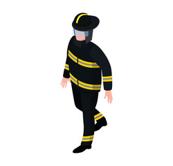 Professional male character fireman extinguish fire standing with water hose isolated on white, isometric vector illustration. Man firefighter full suit, employer emergency service, dangerous work.