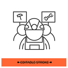 Strike icon. Mine workers and laborers protesting with banners. Concept of labor movement protest march and trade union activism in collective political interest. Editable stroke vector illustration