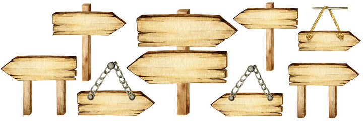 Watercolor Wooden arrow signboard on ropes, chains, pillar empty Blank isolated. Vintage old, retro Hand painted wood banners, planks, board. Illustration with space for text. Signs for messages