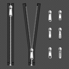Metal zip fasteners, silver zippers with differently shaped puller and open or closed black fabric tape, clothing hardware isolated on transparent background, Realistic 3d vector illustration, set © klyaksun