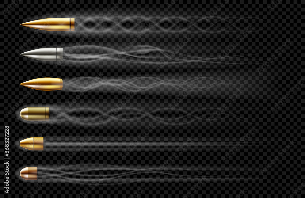 Poster flying bullets with smoke traces from gun shot. vector realistic set of bullets different calibers f