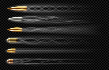 Flying bullets with smoke traces from gun shot. Vector realistic set of bullets different calibers fired from weapon, revolver or pistol with smoke trail isolated on transparent background © klyaksun