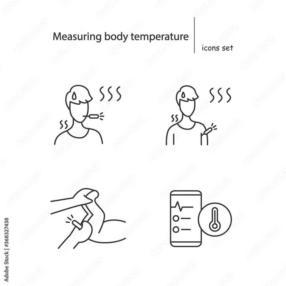 Poster measuring body temperature icons set. linear pictograms for person heat check and infant rectal temp