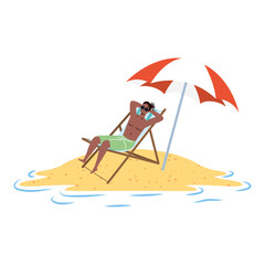 afro man relaxing on the beach seated in chair and umbrella