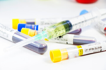 Corona virus, NCOV and Covid - 19 positive test samples. Medical needle corona virus or covid-19 vaccine.