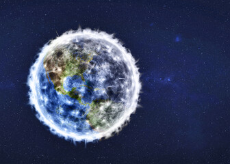 Planet Earth of Solar system explosion in the outer space. Glowing planet. Planetary death concept. 3d render illustration. Elements of this image were furnished by NASA.