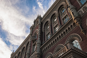 Main facade of the building of the National Bank of Ukraine during sunset with beautiful skies