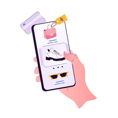 Online shopping concept. Hand holding smartphone. Ordering clothes in internet store