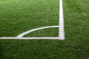 Corner of a soccer field in an stadium. Markings Of A Football Field. Playing sports field, corner...