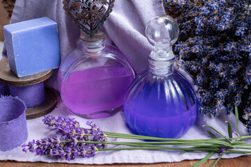 Handmade organic skincare products made from purple aromatic lavender flowers in Provence, France