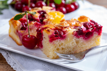 Fresh baked cake with red ripe juicy sour cherry or kriek berry