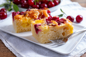 Fresh baked cake with red ripe juicy sour cherry or kriek berry