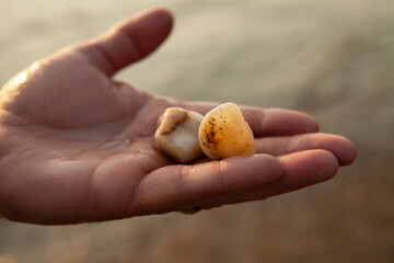 Male hands hold two pebble stones on a sunset background. Concept of summer holidays at sea