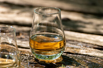 Tasting of different Scotch whiskies on outdoor terrace, dram of whiskey