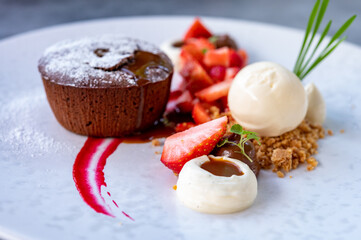 Tasty dessert, hot chocolate cake and vanilla ice cream with fresh strawberry