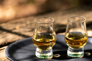 Tasting of different Scotch whiskies on outdoor terrace, dram of whiskey