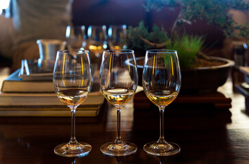 Set up of three glasses of white wine (Sauvignon Blanc and Chardonnay) for a wine tasting, South Africa. - obrazy, fototapety, plakaty