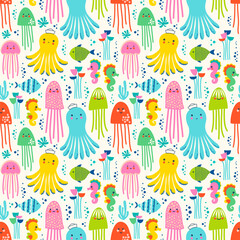 Seamless vector pattern with jellyfish, octopus, fish, seahorse and water plants. © Julia