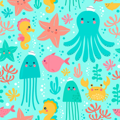 Vector illustration with marine life. Seamless pattern with octopus, fish, sea star, seahorse, jellyfish and water plants.