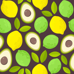 Avocado, lime and lemons. Seamless vector pattern with citrus and avocados.