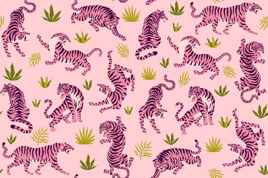 Pink tigers and tropical leaves. Vector seamless pattern with cute tigers on background. Fashionable fabric design.